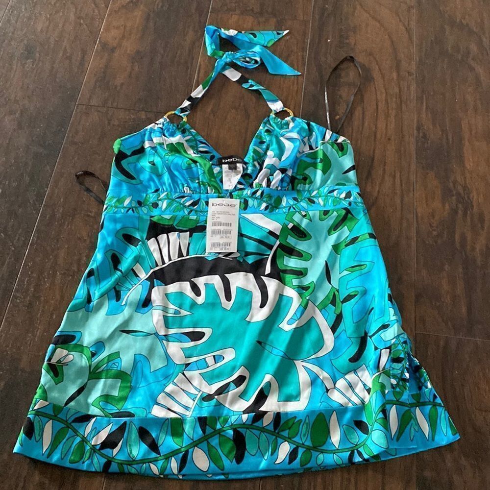 Bebe Jungle Print Neck Tie Halter Top size L NWT 95% silk 5% Spandex